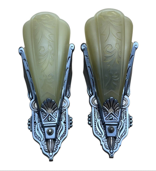 Silver and Black Art Deco Sconces with Amber Glass Shades