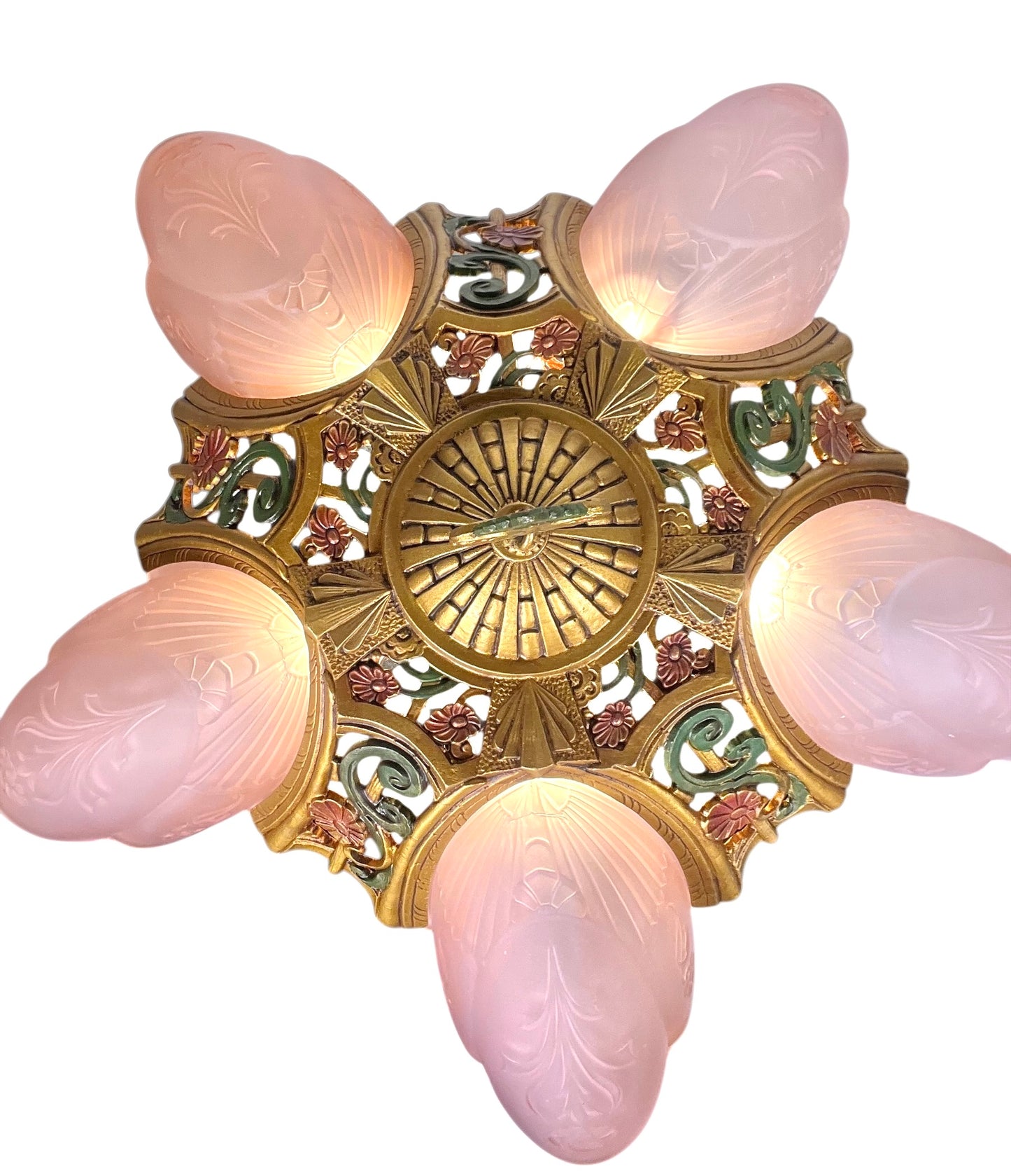 Art Deco Pink Slip Shade 5 Light Pendant Chandelier  Markel "La Salle" Line #2587