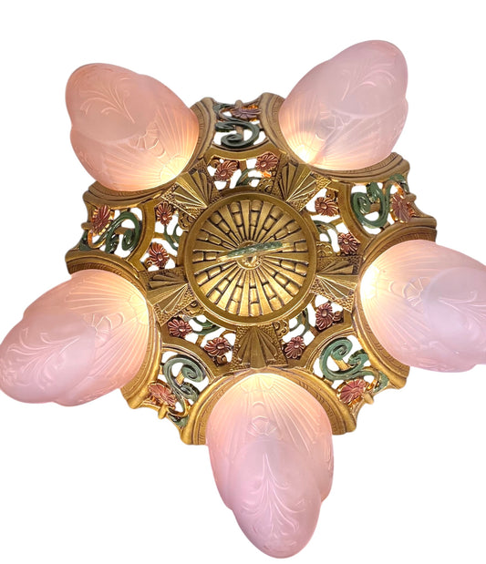 Art Deco Pink Slip Shade 5 Light Pendant Chandelier  Markel "La Salle" Line #2587