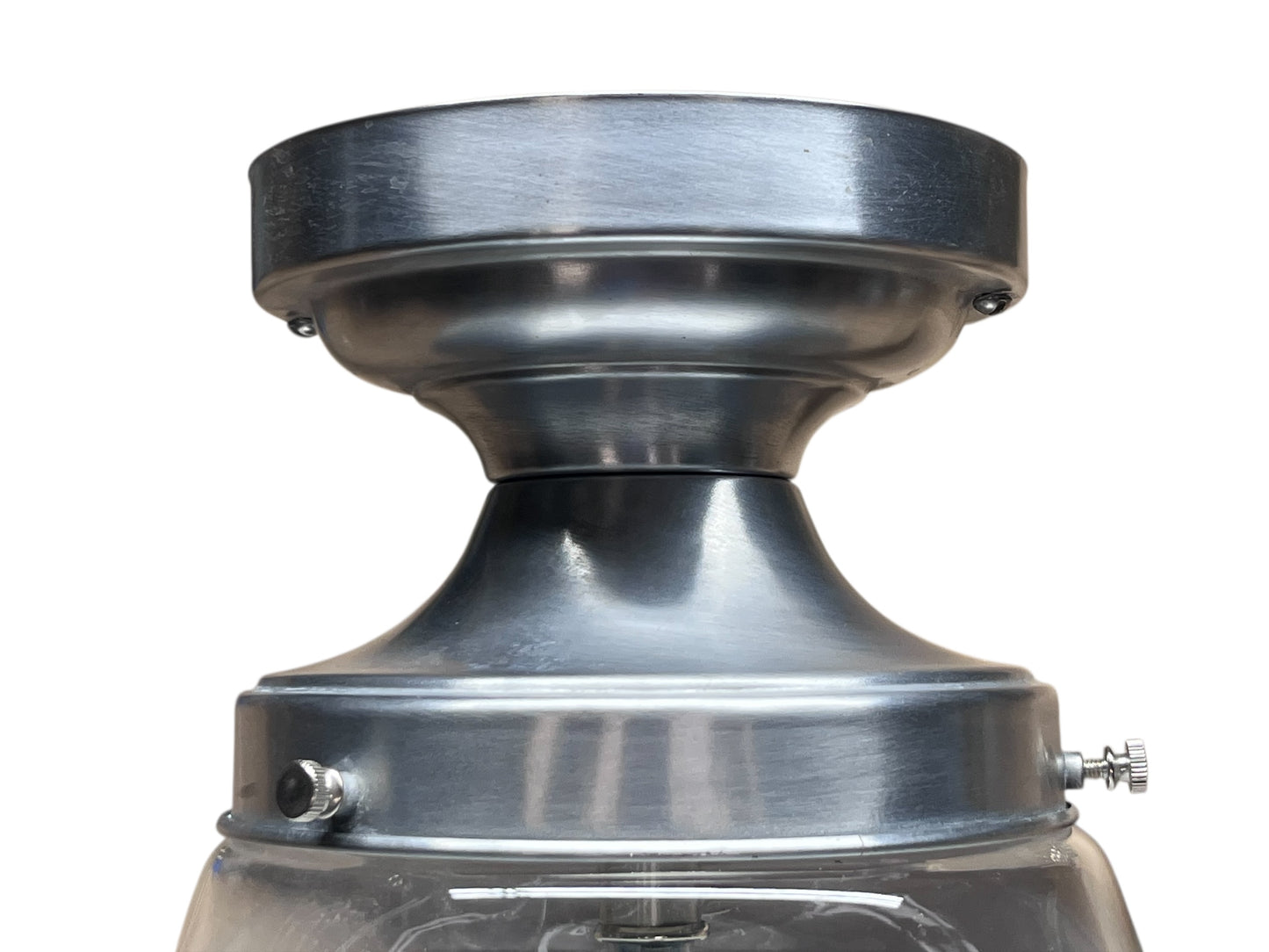 One Of 2 Milk Glass and Clear Schoolhouse Globe on Brushed Aluminum Fixture #2588