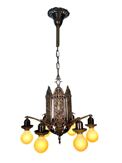 Cast Bronze 1920s Chandelier 6 Light