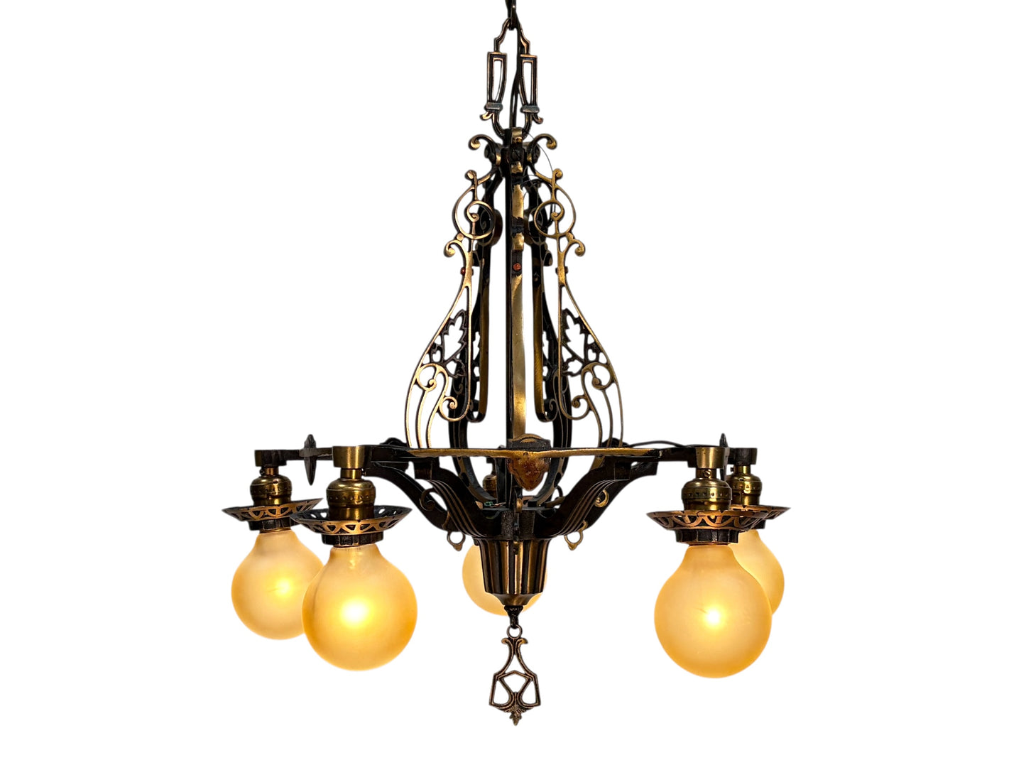1920s Cast Bronze 5 Light Chandelier in Spectacular Original Condition #2622