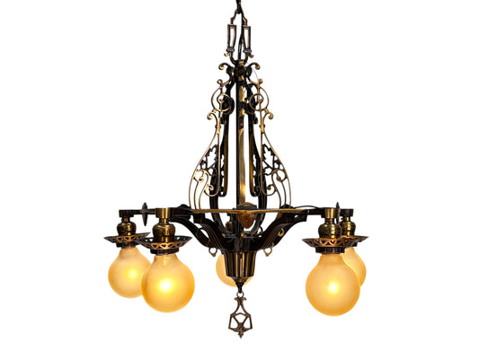 1920s Cast Bronze 5 Light Chandelier in Spectacular Original Condition #2622