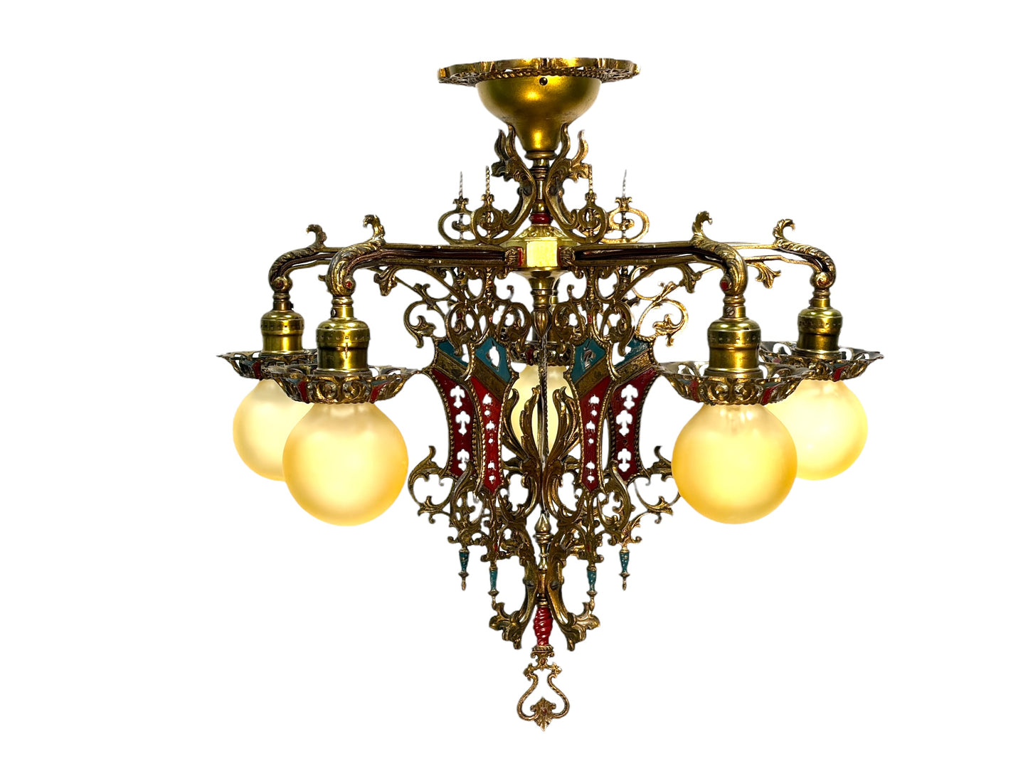 Cast Brass Semi Flush Ceiling Light with Red and Blue Embellishments Circa 1915 #2623