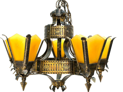 Frankelite 5 light Chandelier from the 1930s with Amber Glass Shades and Original Finish #2572