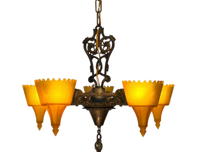 1930s Chandelier with Amber Glass Shades 