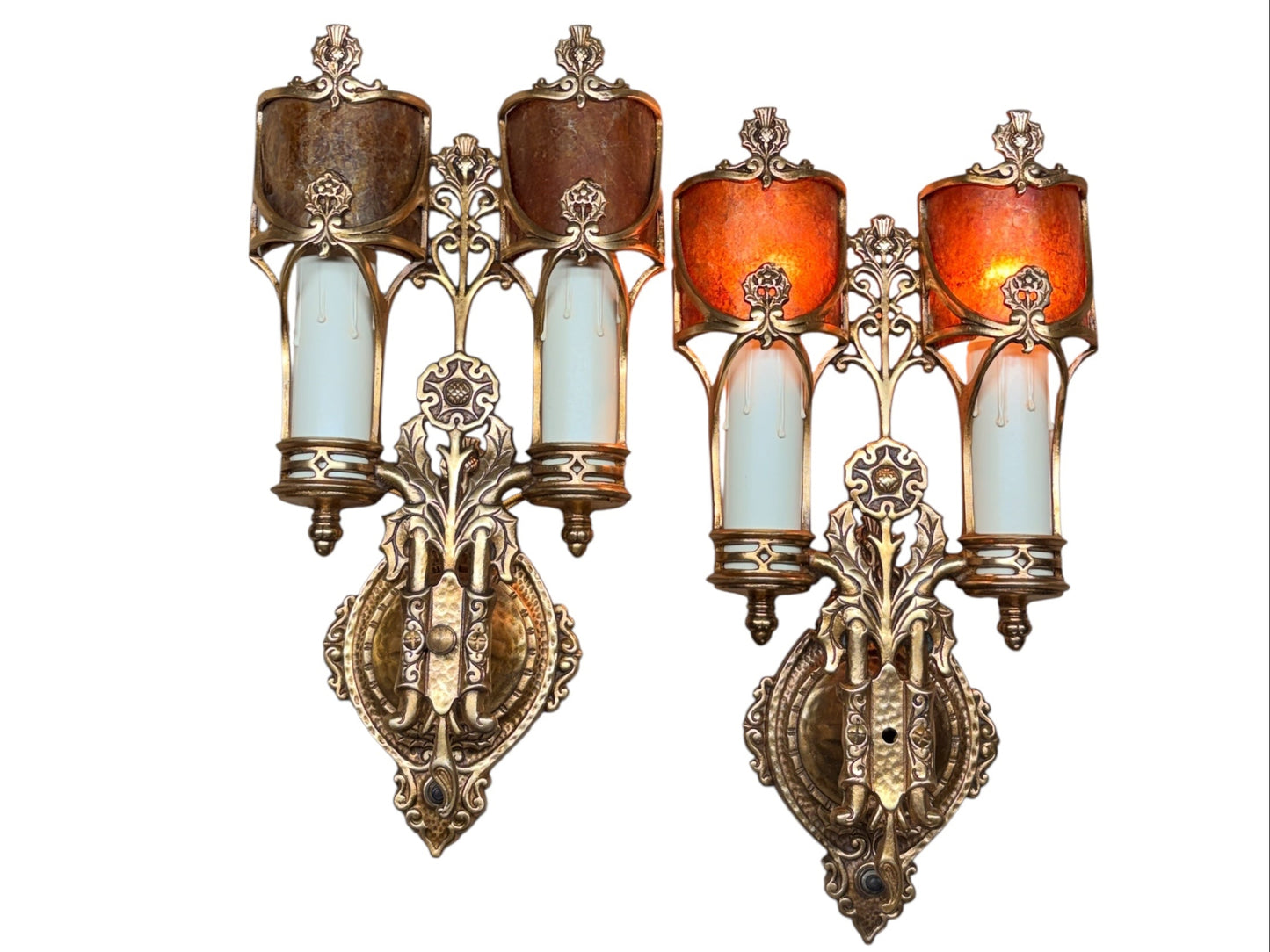 Set of 4 Cast Bronze Double Sconces with Thistle Motif and Mica Shields