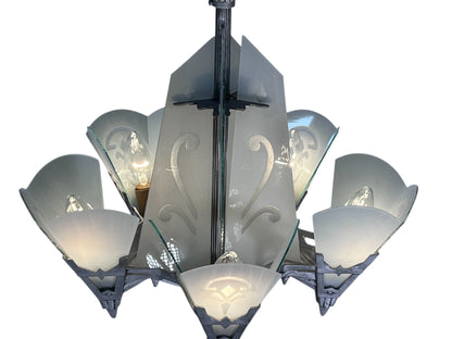 Art Deco Chandelier with Flat Panels of Glass