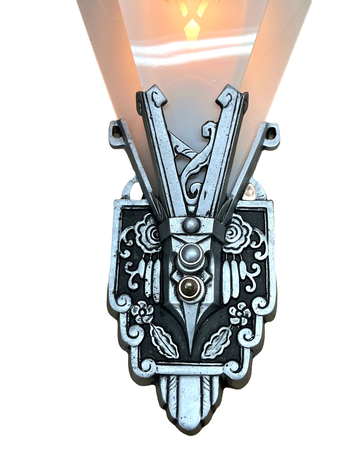 One Pair (of 2) Art Deco Flat Glass Panel Wall Silver and Black Sconces by Lincoln #2582