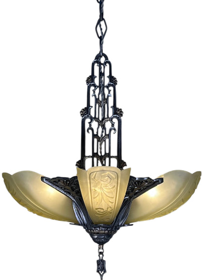 Dark Silver 5 Light Chandelier with Amber Glass Slip Shades #2582