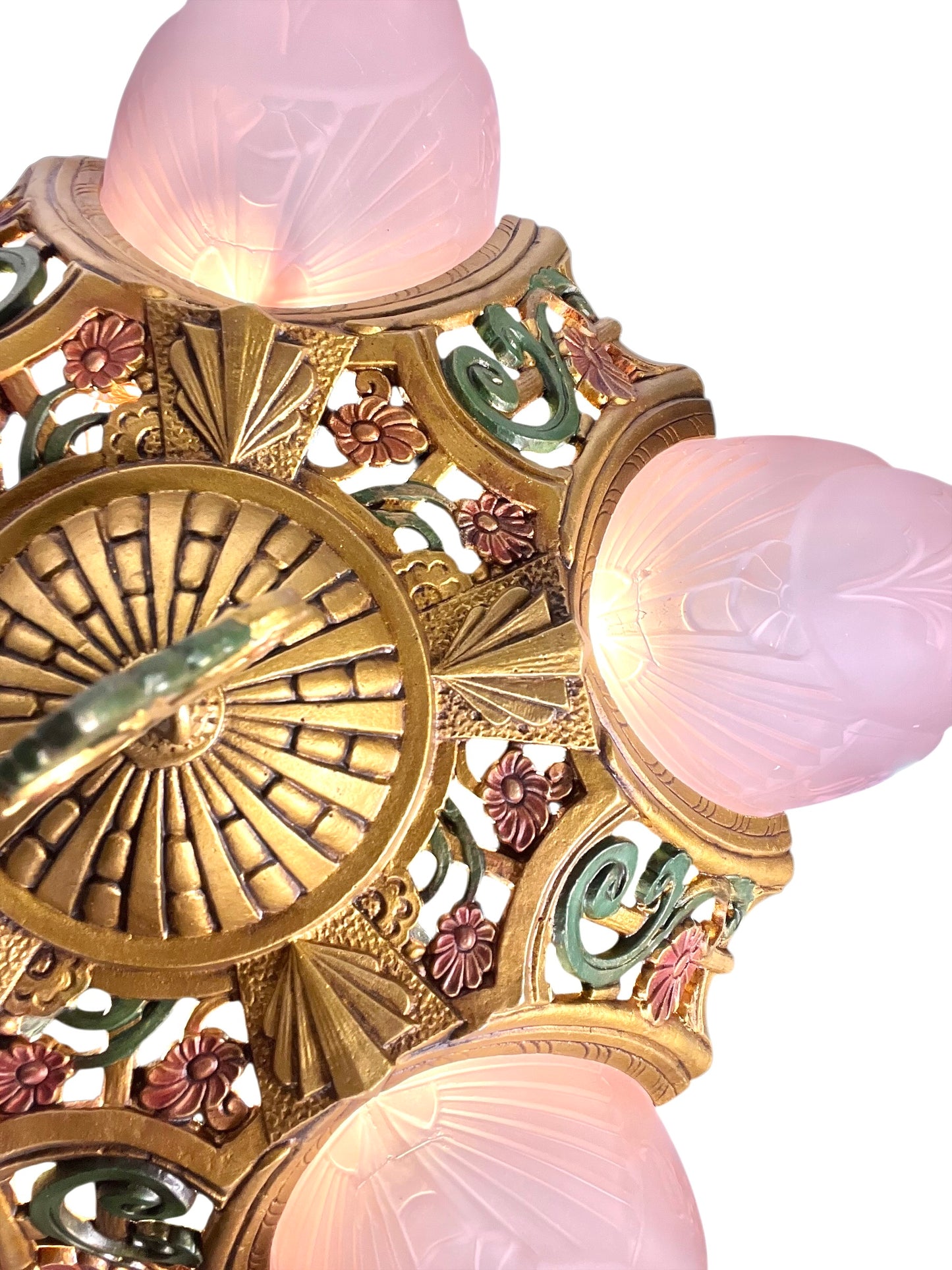 Art Deco Pink Slip Shade 5 Light Pendant Chandelier  Markel "La Salle" Line #2587