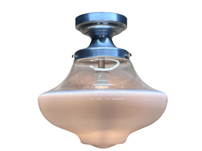 One Of 2 Milk Glass and Clear Schoolhouse Globe on Brushed Aluminum Fixture #2588
