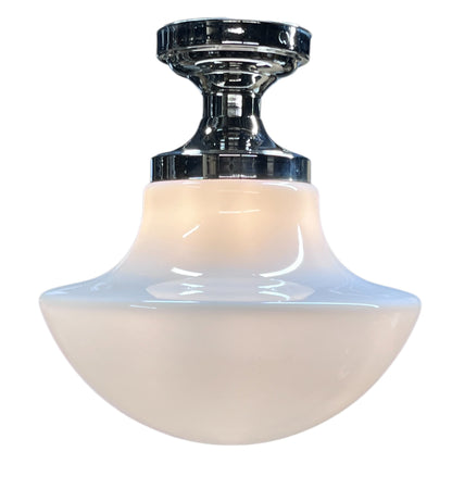 1920s Milk Glass Schoolhouse Globe on Polished Nickel Fixture #2589