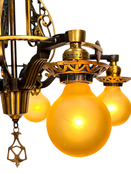 1920s Cast Bronze 5 Light Chandelier in Spectacular Original Condition #2622