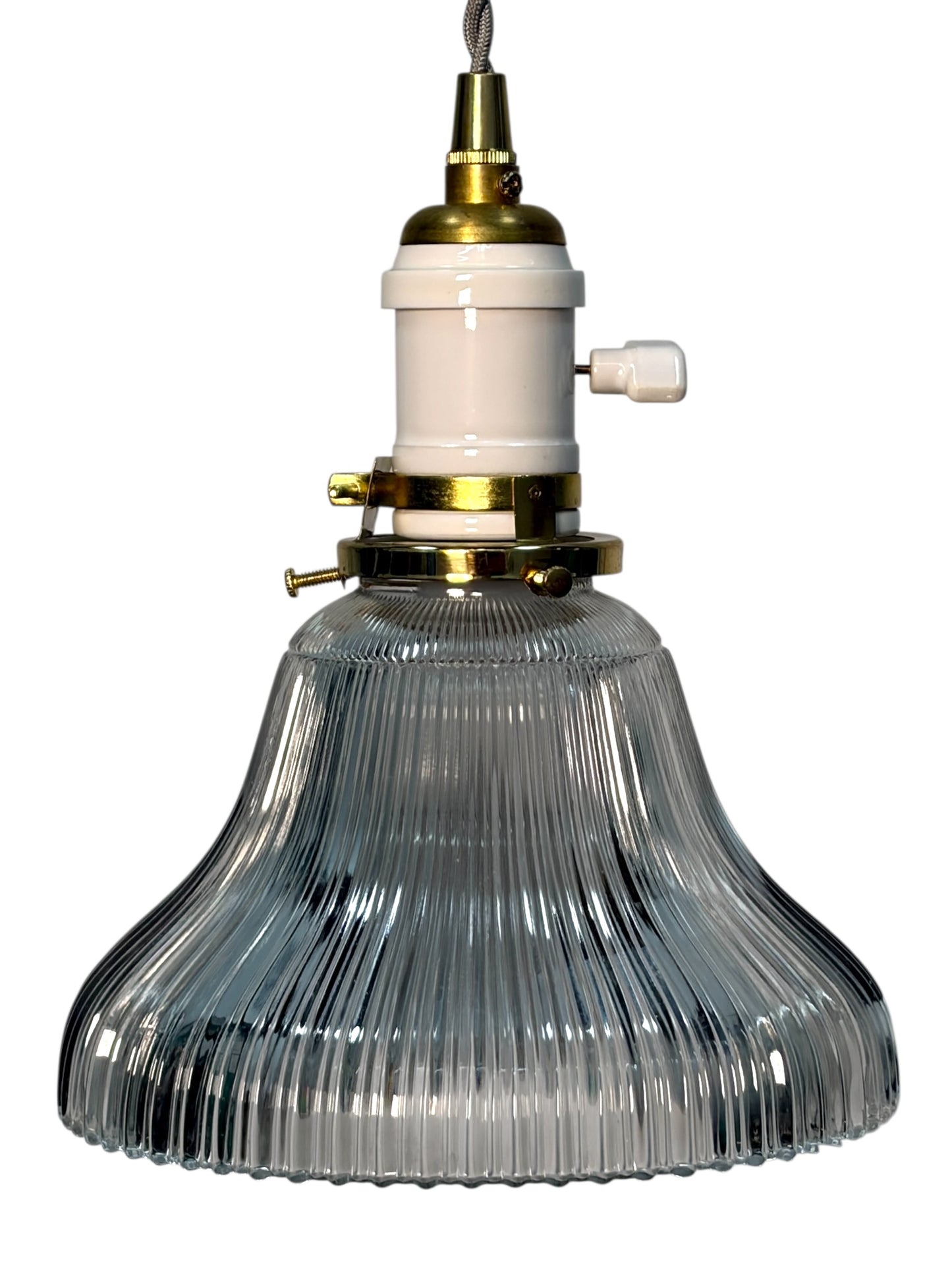 Holophane Shade circa 1920 Suspended from a Wire with Brushed Brass Canopy #2621