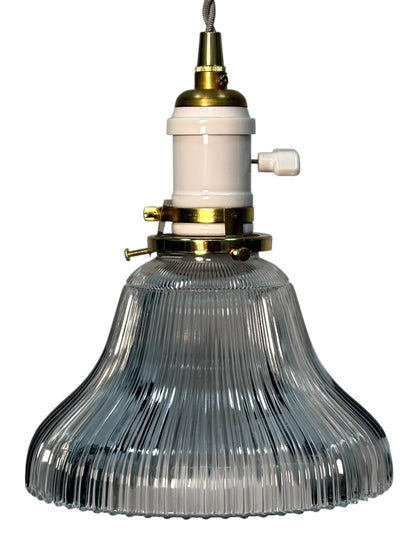 Holophane Shade circa 1920 Suspended from a Wire with Brushed Brass Canopy #2621