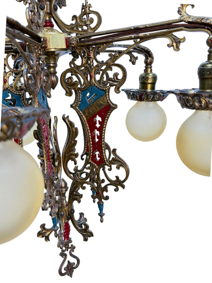 Cast Brass Semi Flush Ceiling Light with Red and Blue Embellishments Circa 1915 #2623