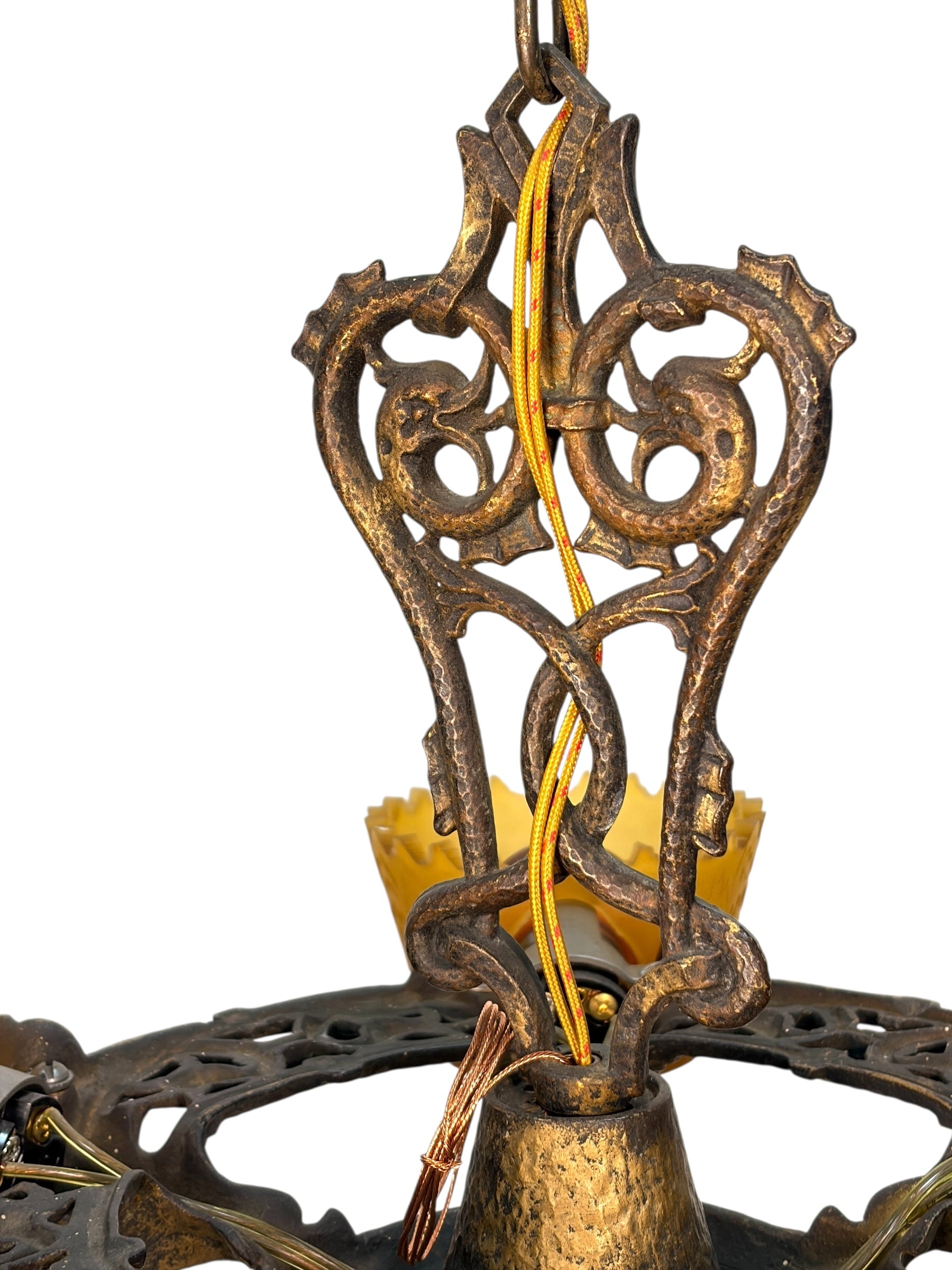 1930s Chandelier with Amber Glass Shades 