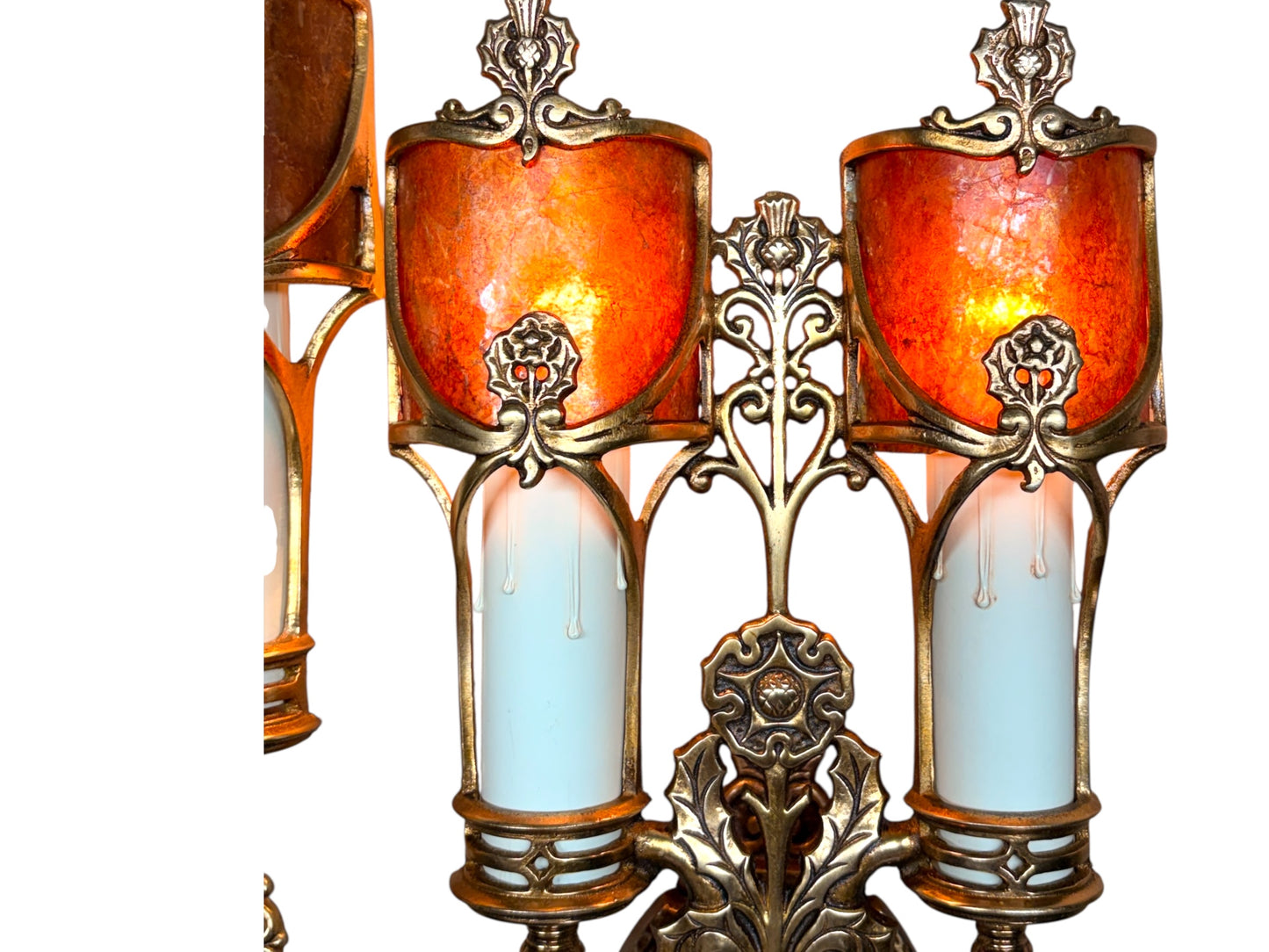 Four Double Cast Bronze Wall Sconces with  Mica Shields and Thistle Motif (priced per pair) #2633