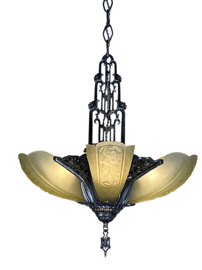 Dark Silver 5 Light Chandelier with Amber Glass Slip Shades #2582