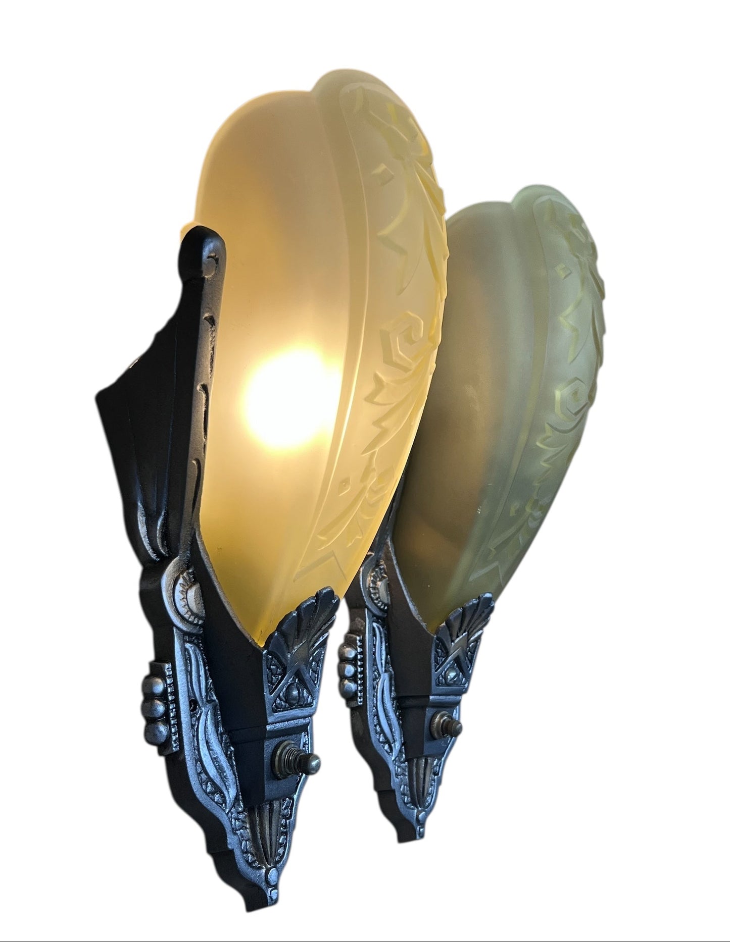 Silver and Black Art Deco Sconces with Amber Glass Shades