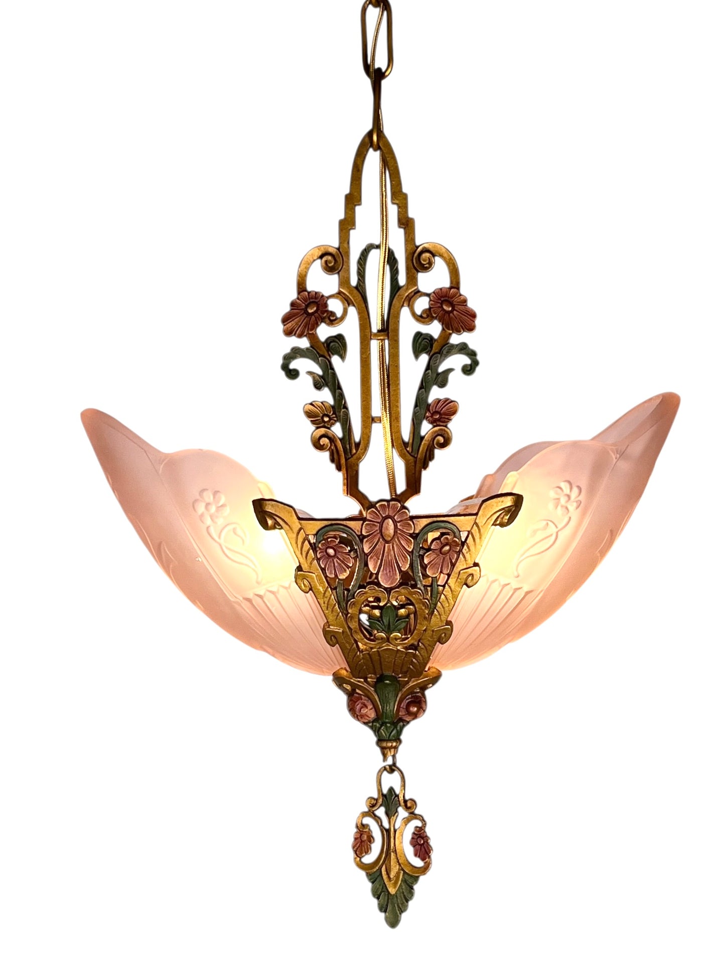 Art Deco Pink Slip Shade 2 Light Pendant