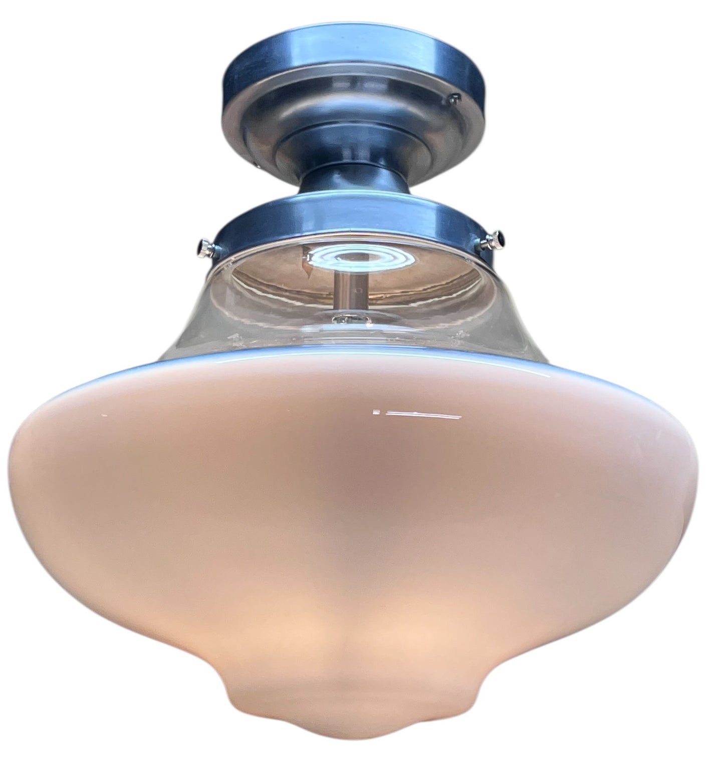 One Of 2 Milk Glass and Clear Schoolhouse Globe on Brushed Aluminum Fixture #2588