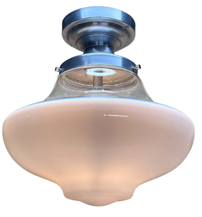 One Of 2 Milk Glass and Clear Schoolhouse Globe on Brushed Aluminum Fixture #2588