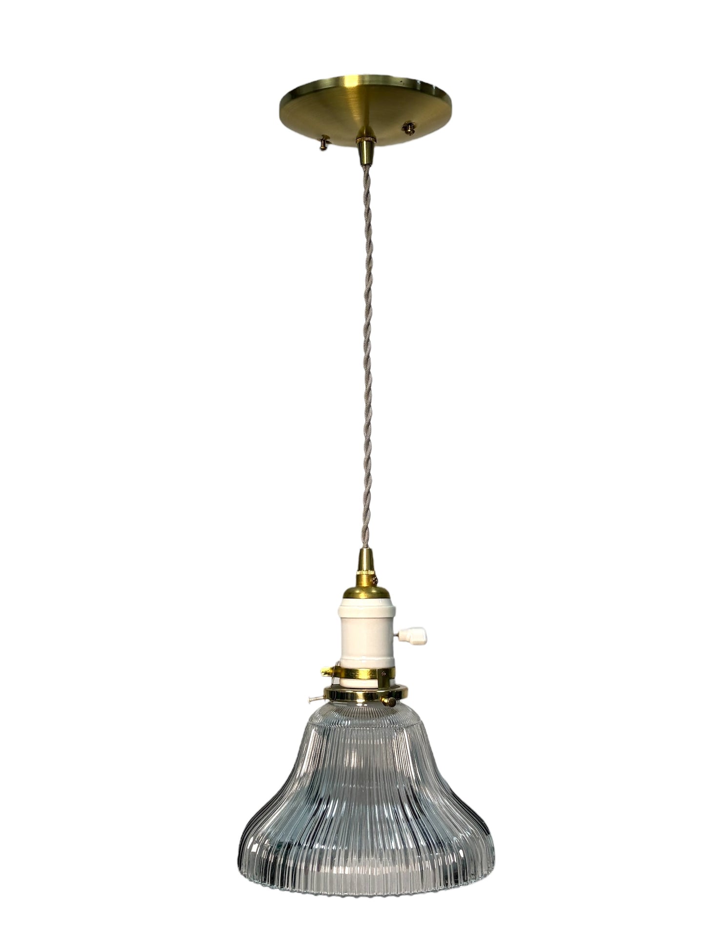 Holophane Shade circa 1920 Suspended from a Wire with Brushed Brass Canopy #2621