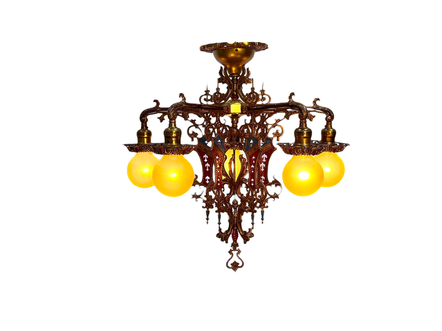 Cast Brass Semi Flush Ceiling Light with Red and Blue Embellishments Circa 1915 #2623