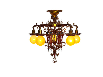 Cast Brass Semi Flush Ceiling Light with Red and Blue Embellishments Circa 1915 #2623