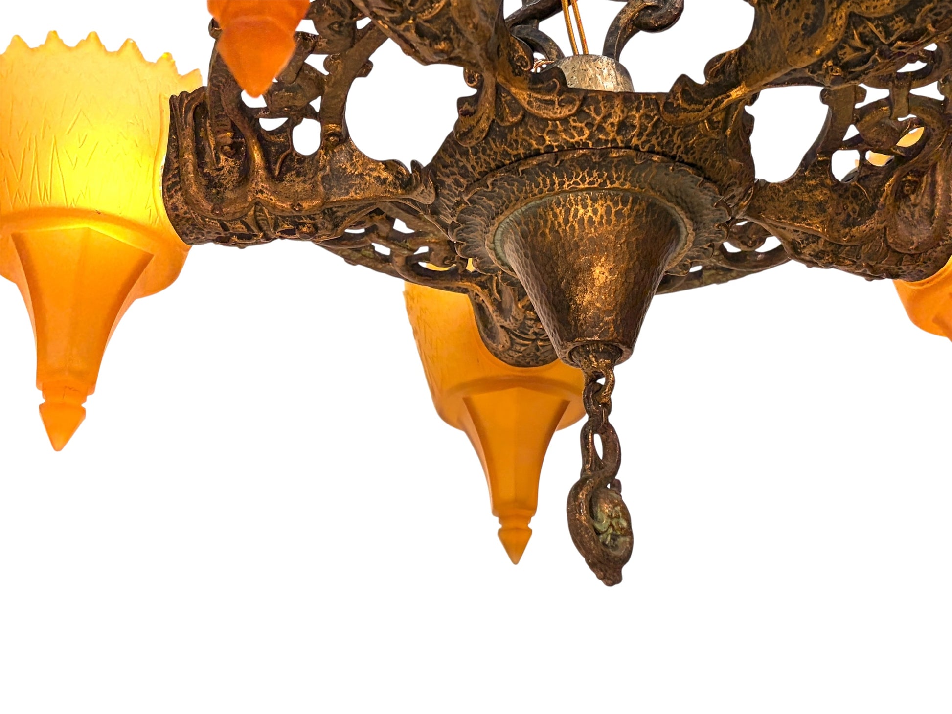 1930s Chandelier with Amber Glass Shades 