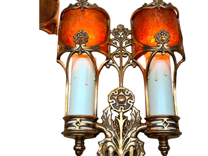 Four Double Cast Bronze Wall Sconces with  Mica Shields and Thistle Motif (priced per pair) #2633