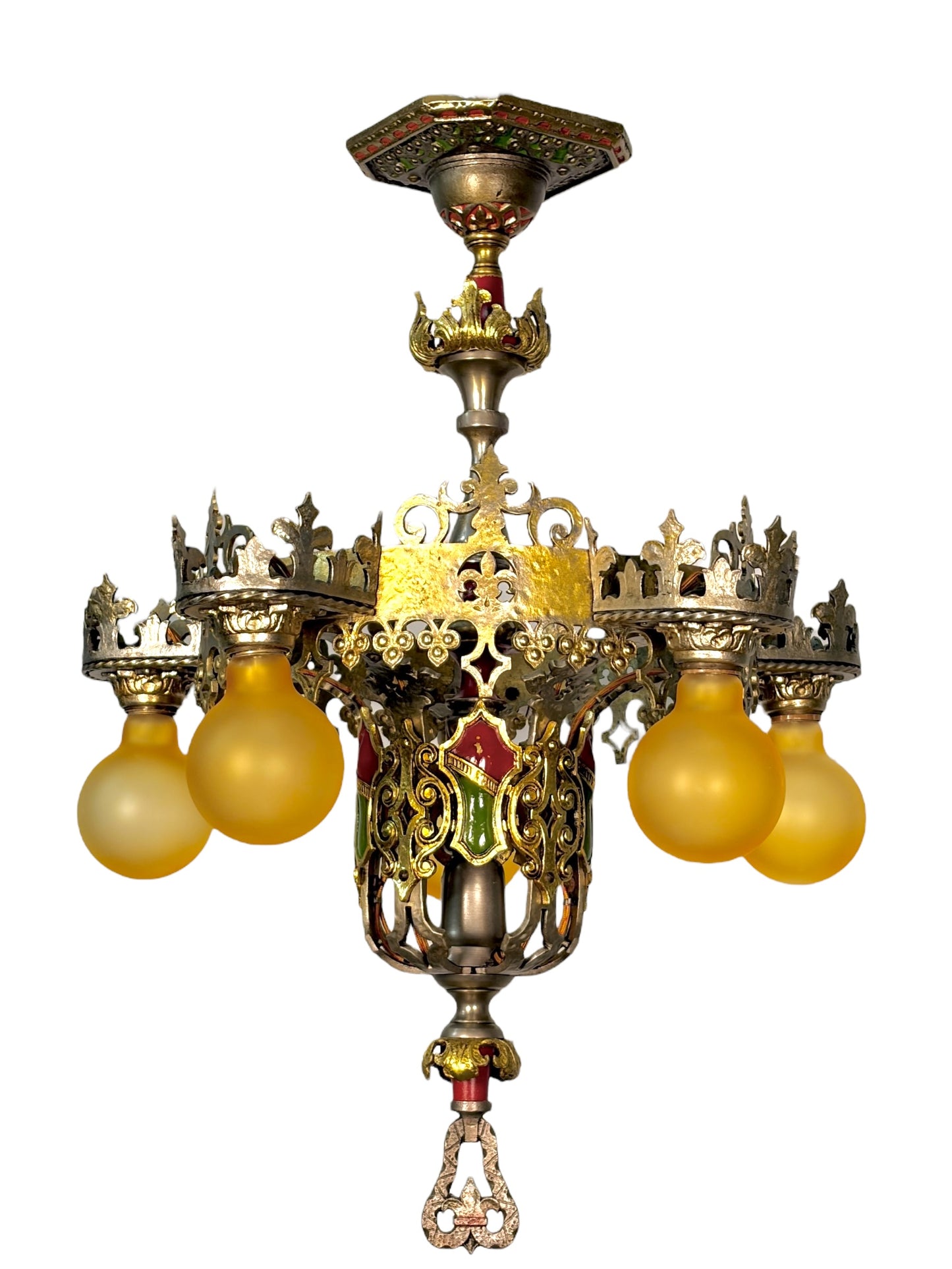 Spanish Revival Semi Flush Chandelier with Original Polychrome Finish from the 1920s #2642