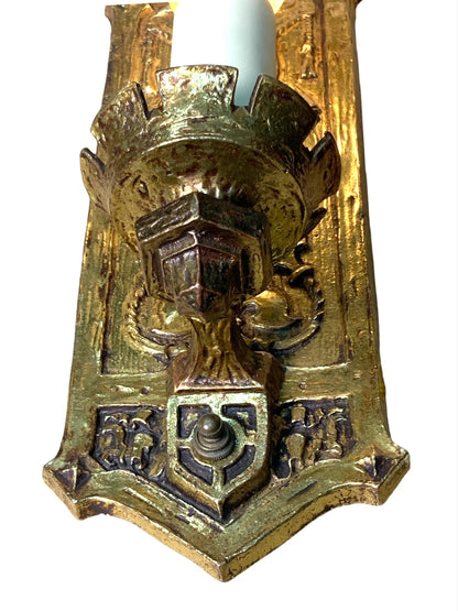 Stunning 1910s or 1920s Cast Brass Tudor or Romantic Revival Wall Sconce #2353