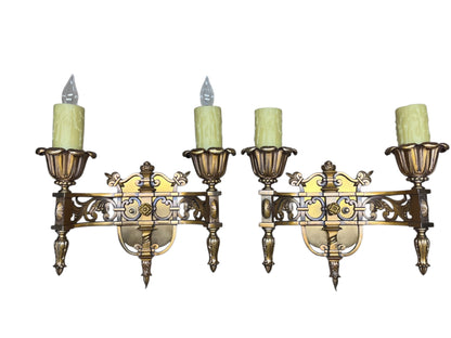 Cast Bronze Beaux Arts Two Light Wall Sconces with Original Patina Finish #2577