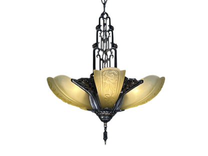 Dark Silver 5 Light Chandelier with Amber Glass Slip Shades #2582