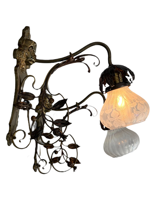 Pair Art Nouveau Brass and Copper Sconces circa 1900 with Floral Irridescent Shades #2618