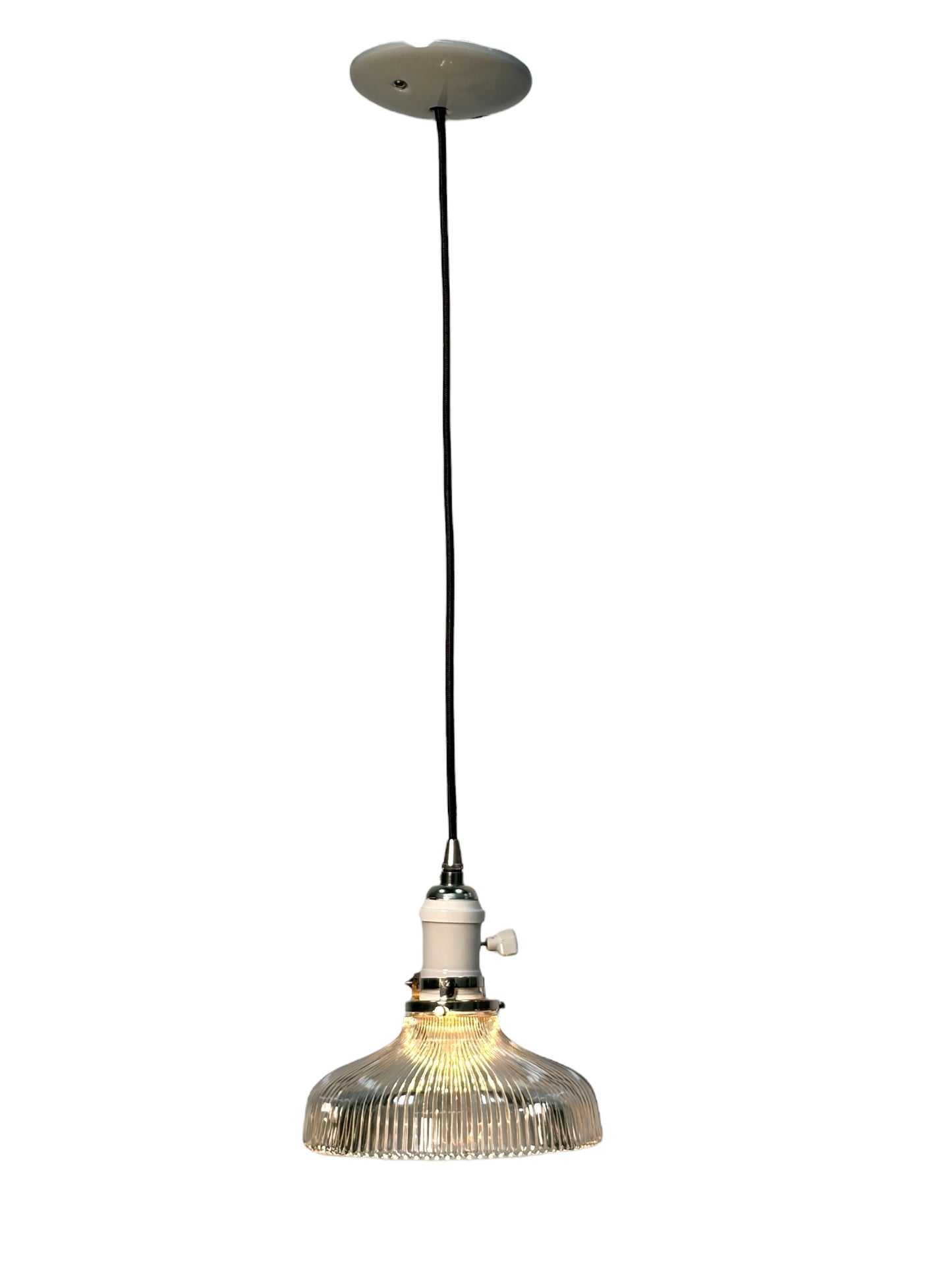 Holophane Shade circa 1920 Suspended from a Wire with Brushed Brass Canopy #2621