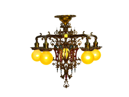 Cast Brass Semi Flush Ceiling Light with Red and Blue Embellishments Circa 1915 #2623