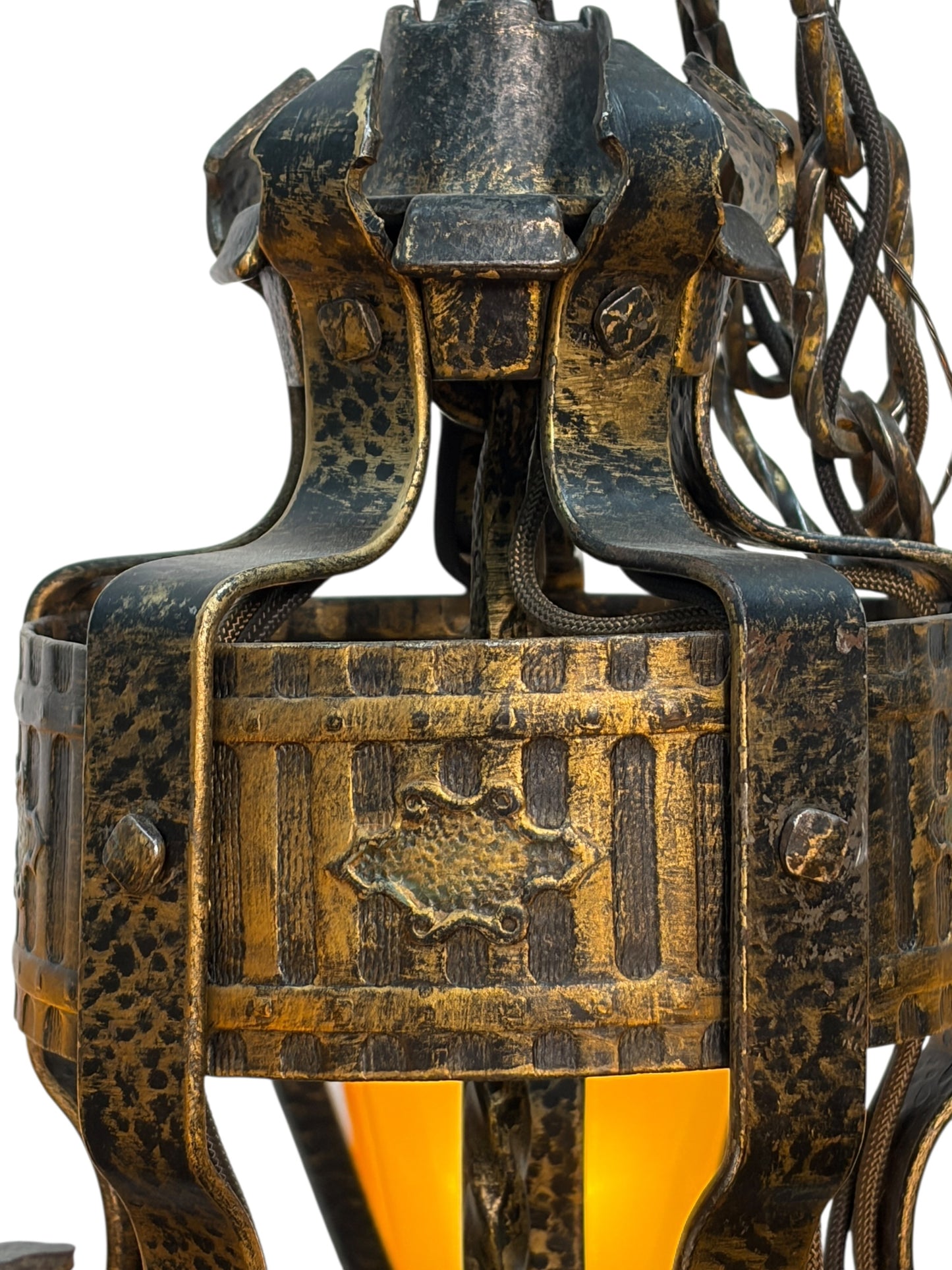 Frankelite 5 light Chandelier from the 1930s with Amber Glass Shades and Original Finish #2572