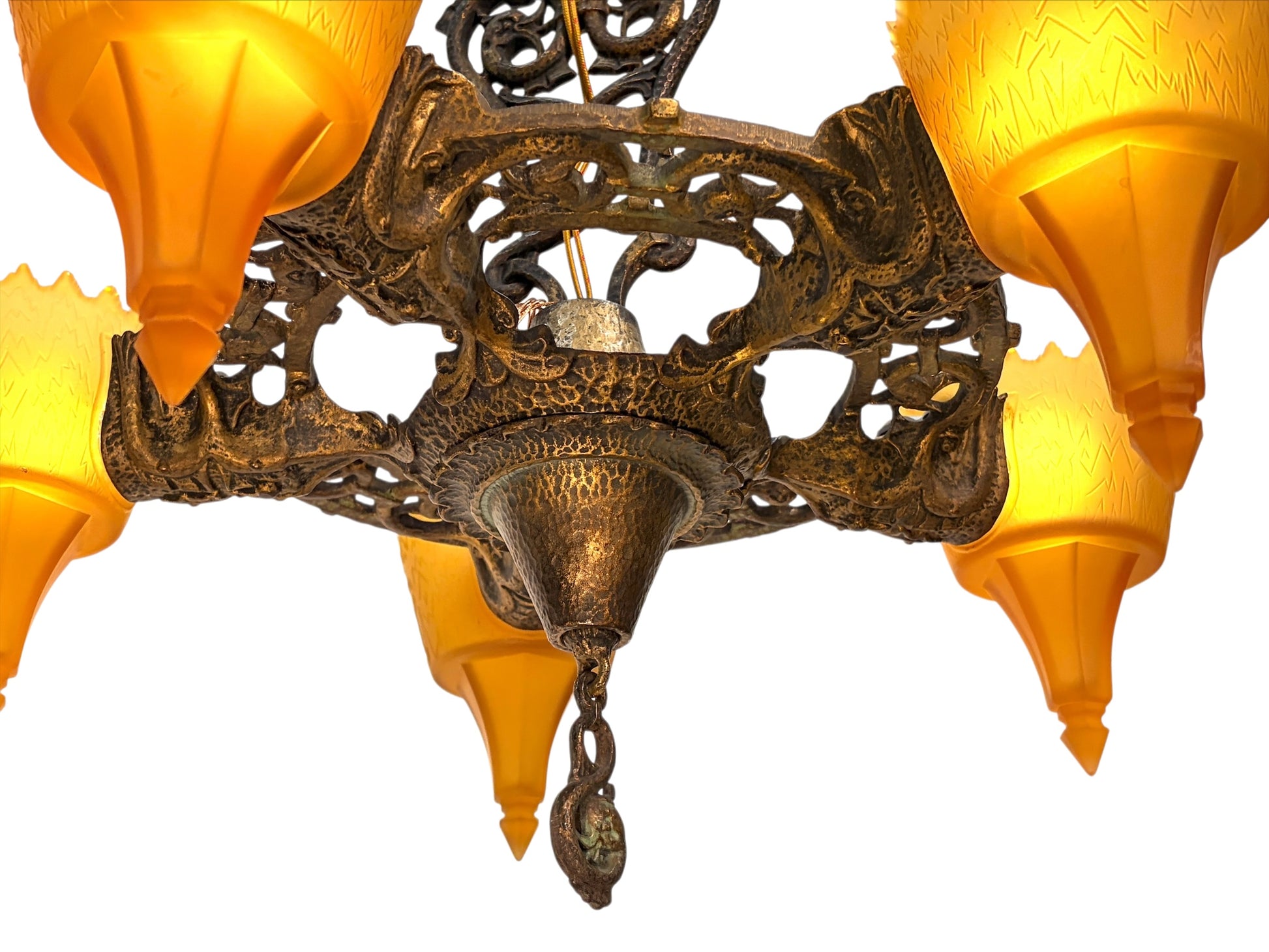1930s Chandelier with Amber Glass Shades 