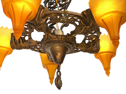 1930s Chandelier with Amber Glass Shades 