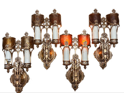 Set of 4 Cast Bronze Double Sconces with Thistle Motif and Mica Shields