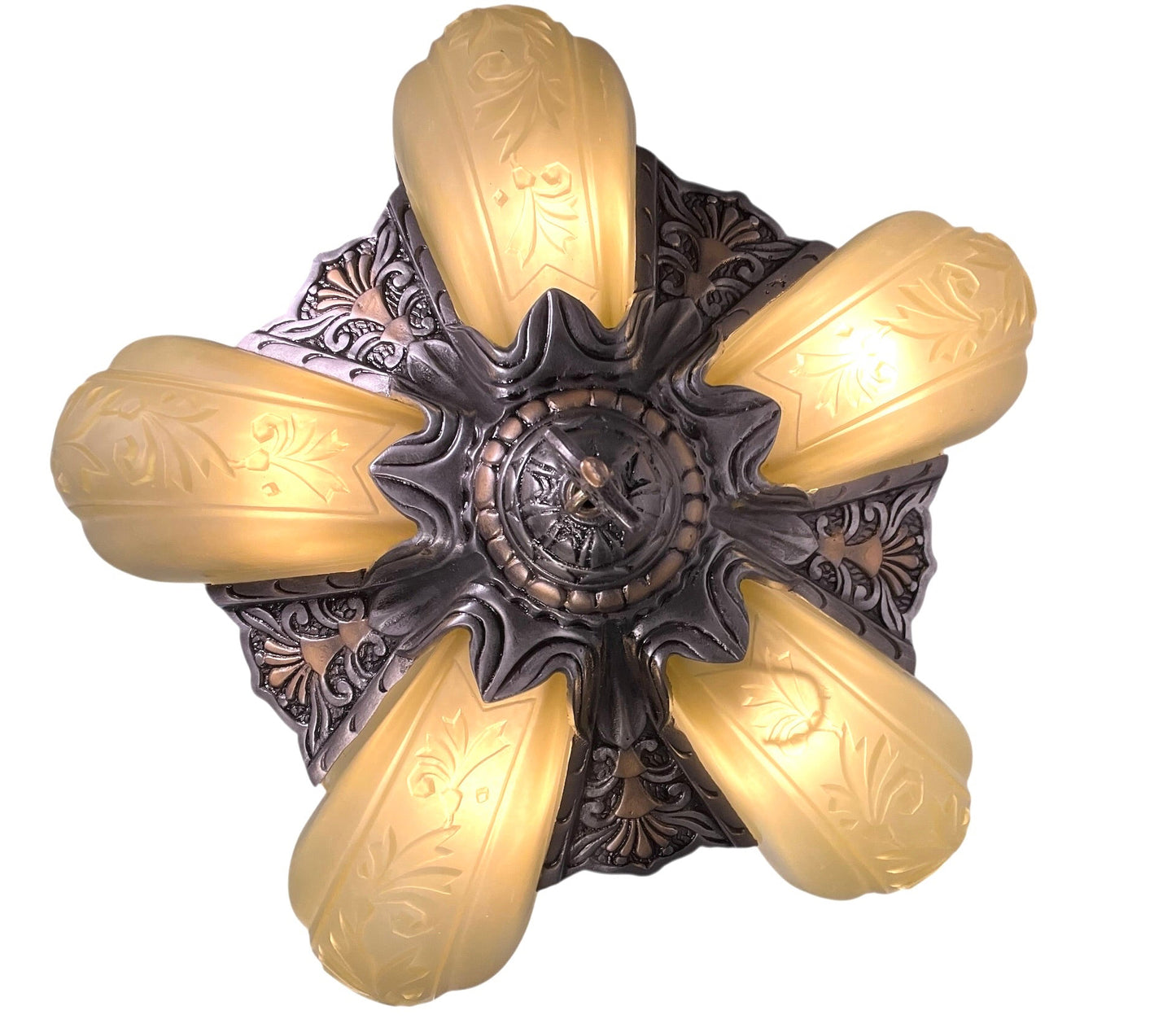 Dark Silver 5 Light Chandelier with Amber Glass Slip Shades #2582