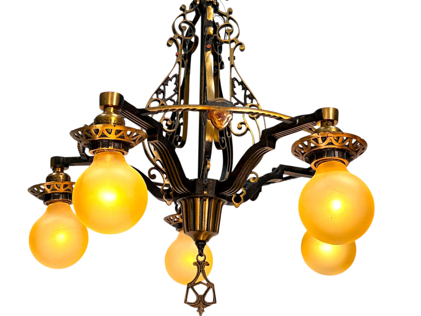 1920s Cast Bronze 5 Light Chandelier in Spectacular Original Condition #2622