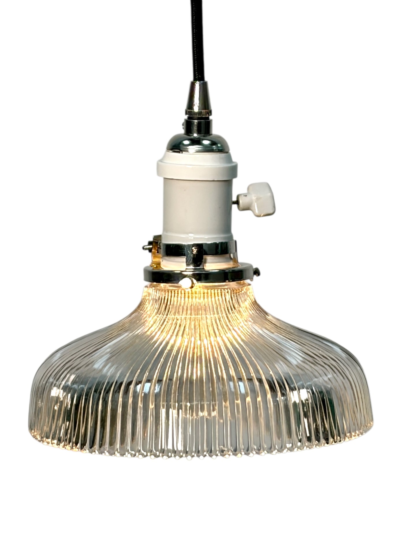 Holophane Shade circa 1920 Suspended from a Wire with Brushed Brass Canopy #2621