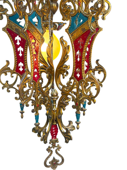 Cast Brass Semi Flush Ceiling Light with Red and Blue Embellishments Circa 1915 #2623