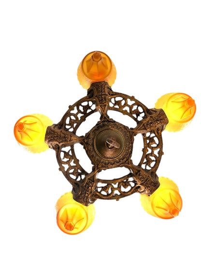 1930s Chandelier with Amber Glass Shades 