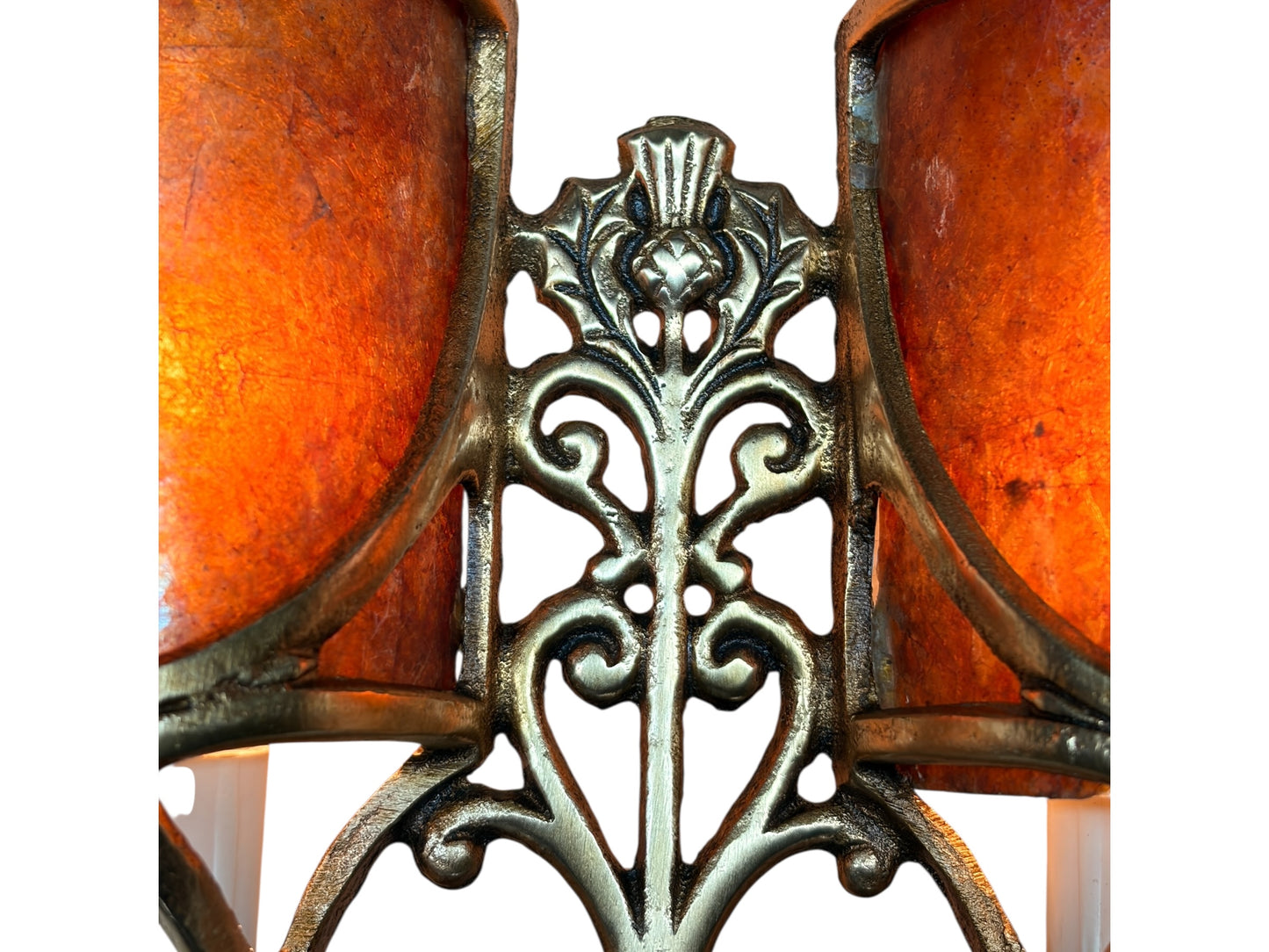 Four Double Cast Bronze Wall Sconces with  Mica Shields and Thistle Motif (priced per pair) #2633